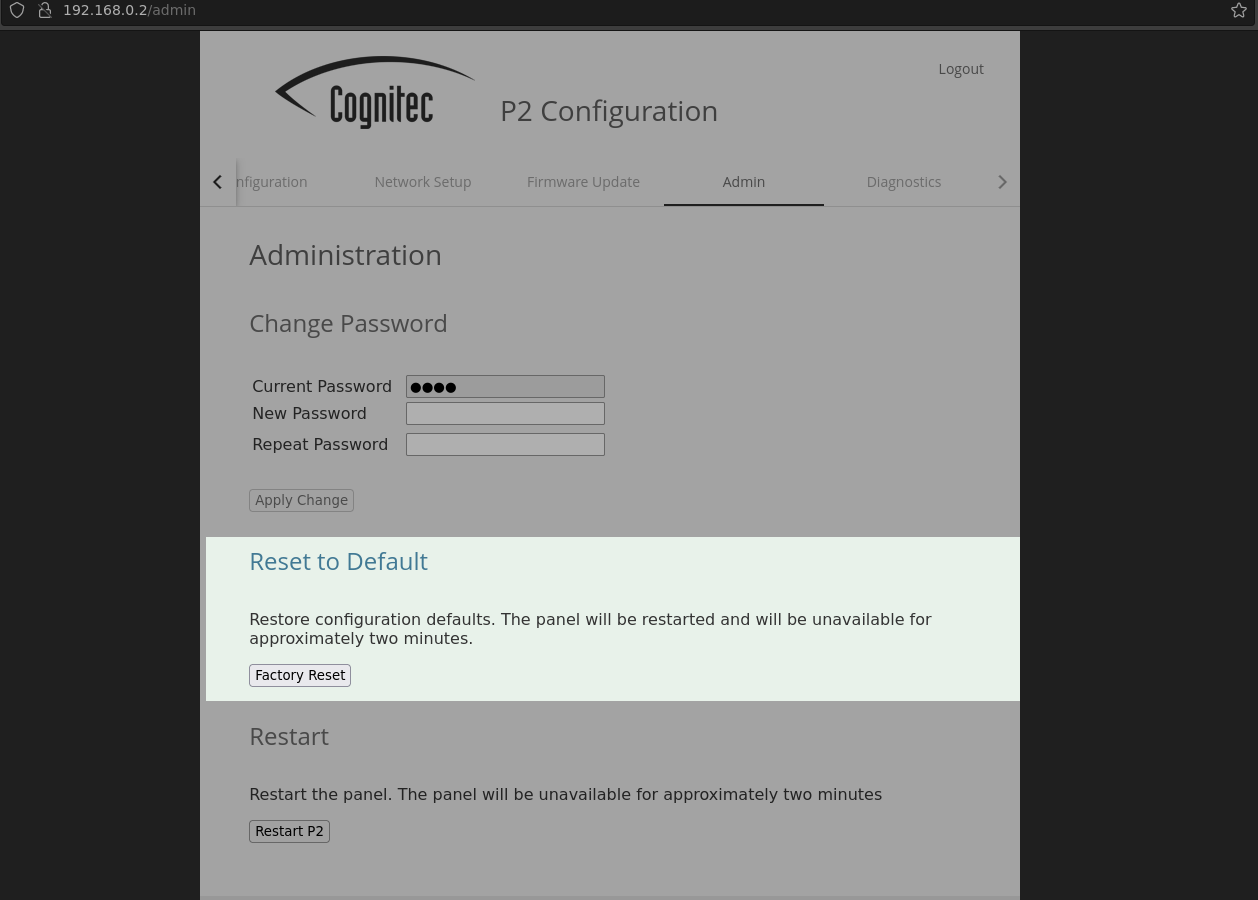 Administration settings for resetting the P2 panel