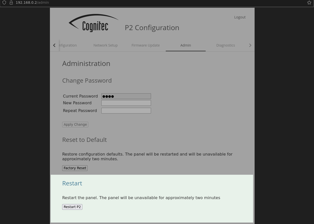 Administration settings for restarting the P2 panel