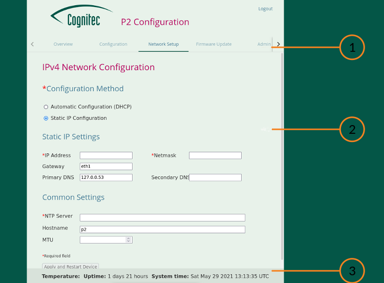 Exemplary overview of the P2 panel web interface