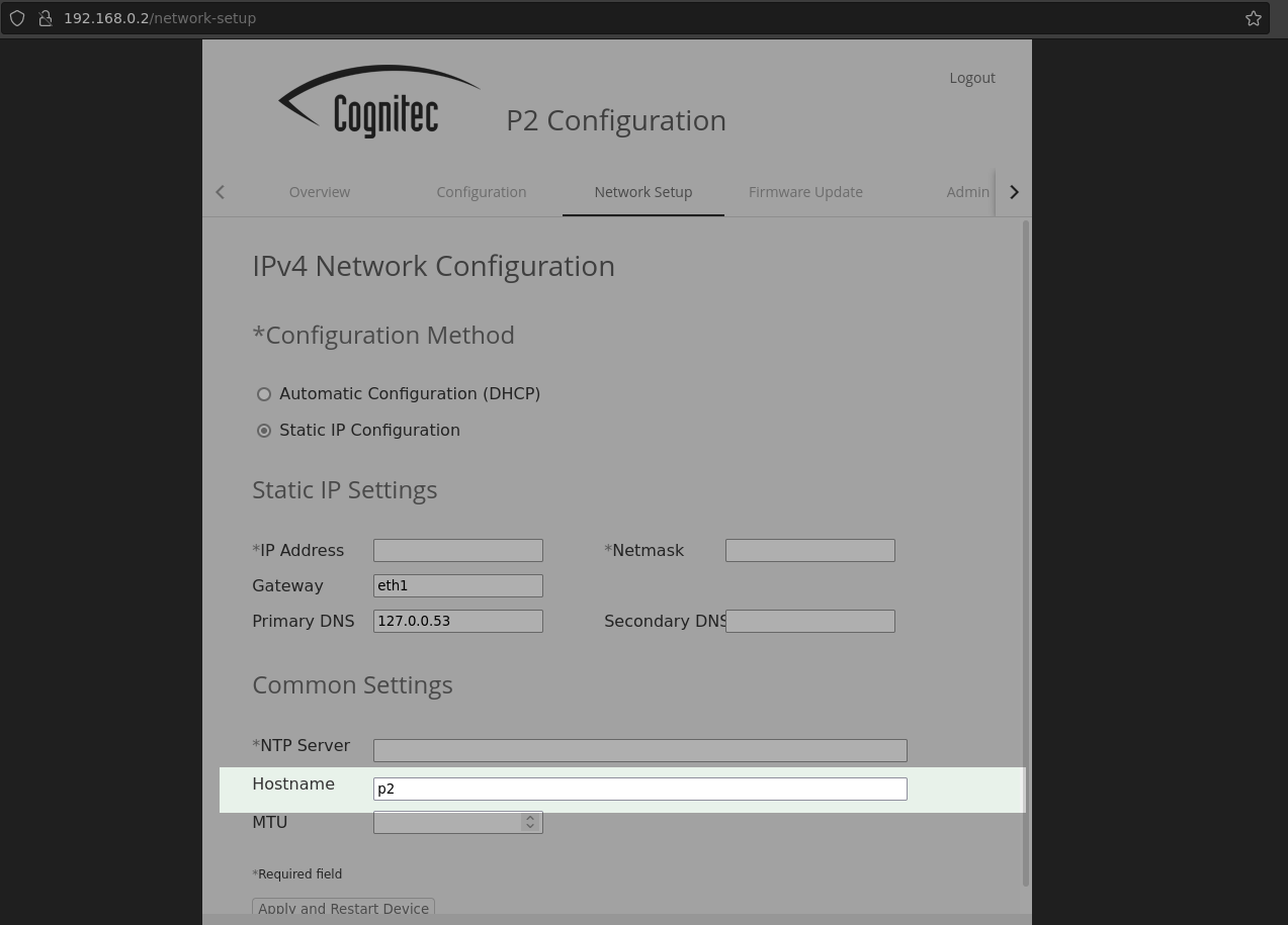 Network configuration for P2 panel's hostname